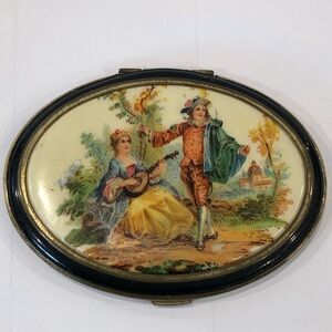 Antique Brass powder compact  Victorian-style courting scene image on the lid